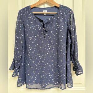 Dress Barn Navy with Silver Stars Sheer Lined Tunic Blouse with Tie. Size L